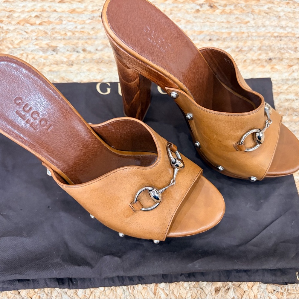 Gucci Brown Leather Mules with Silver Accent